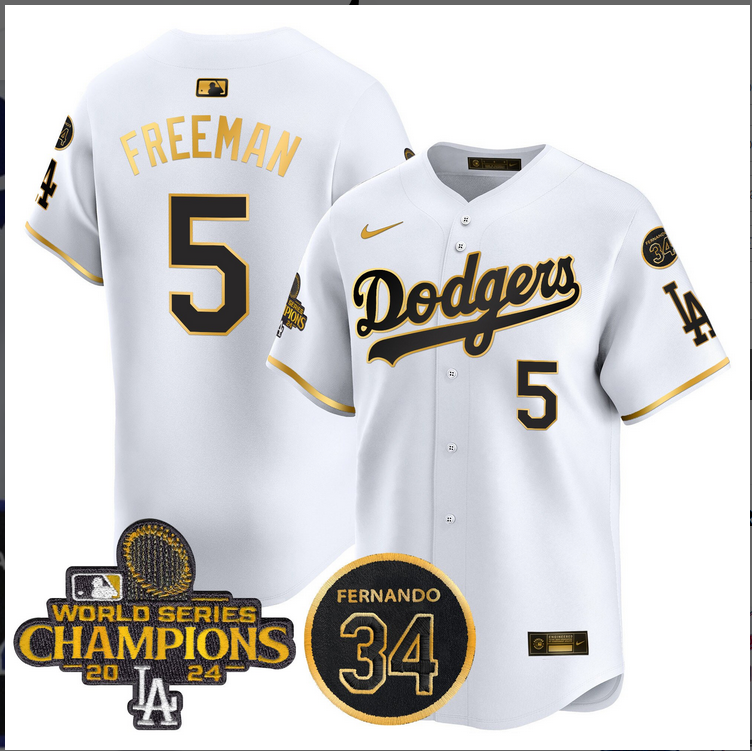 Men MLB Los Angeles Dodgers 5 Freeman white 2024 World Series Champions Patch Limited Jersey style 4